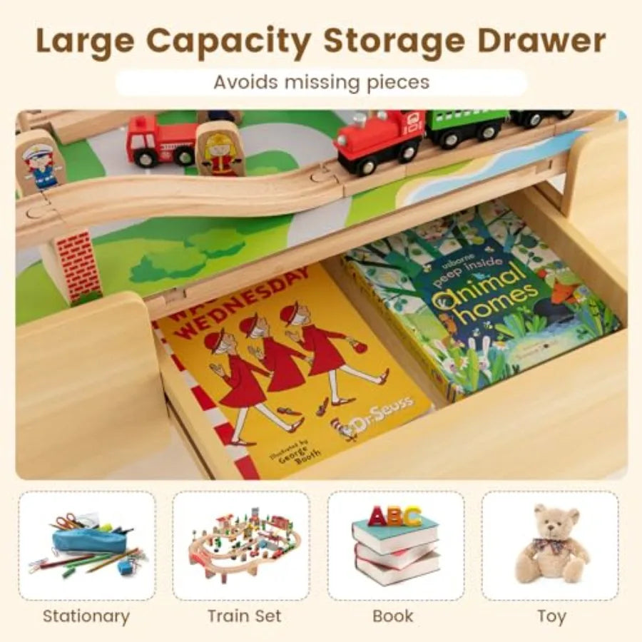 Tavolo da Treno, Set Treno in Legno 3-in-1 con 84 Pezzi di Pista Reversibile, Cassetto Portaoggetti per Costruire e Giocare