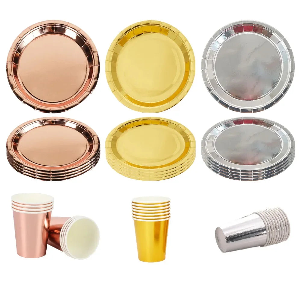 Stoviglie Usa E Getta Oro Rosa Argento Metallizzato Piatti Di Carta Bicchieri Brillanti Decorazioni Eleganti Per Festa Di Compleanno Adulti Matrimonio Addio Al Nubilato Baby Shower Set Feste