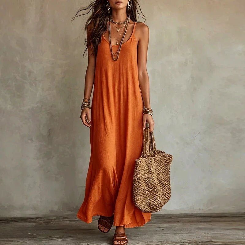 Nuovo Arrivo: Abito Lungo Senza Spalline da Donna, Vestito Casual con Collo a O Senza Maniche, Abito Ampio da Spiaggia e Vacanza, Vestito Lungo Boho
