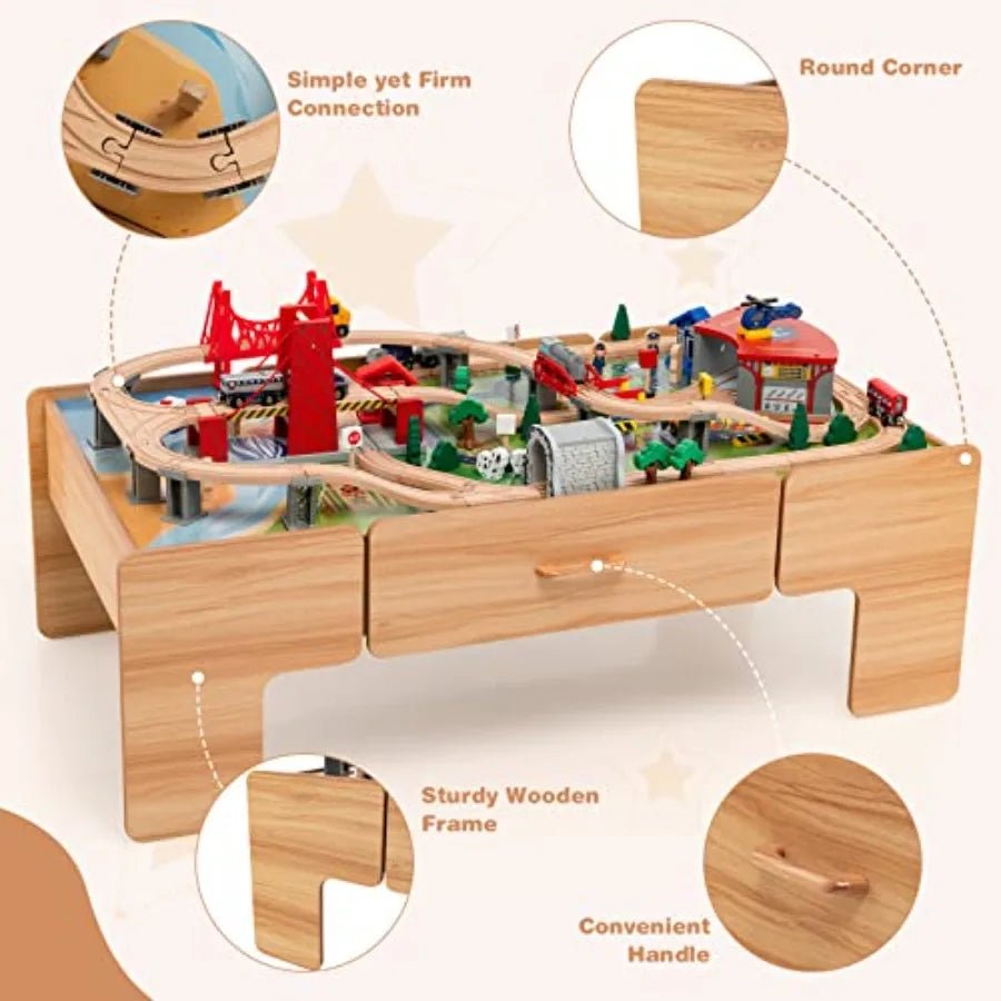 Tavolo da gioco per bambini dai 3 anni in su, tavolo attività in legno per bambini con contenitore, finitura in legno naturale, 100 pezzi multicolor inclusi