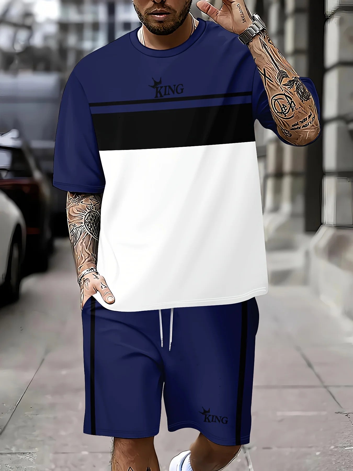 Nuovo arrivo estivo, completo casual da uomo in due pezzi, camicia a maniche corte con stampa a righe e pantaloncini sportivi, set fitness da uomo