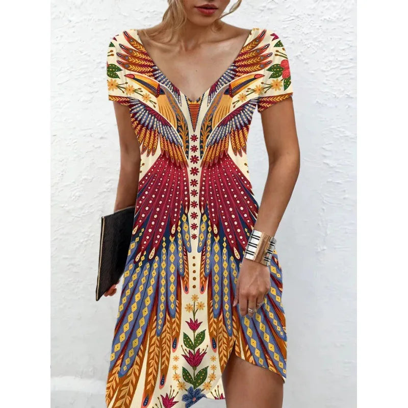 Abiti da donna 2026 estivi casual con stampa floreale e geometrica, vestito lungo a maniche corte, abbigliamento femminile, vestiti