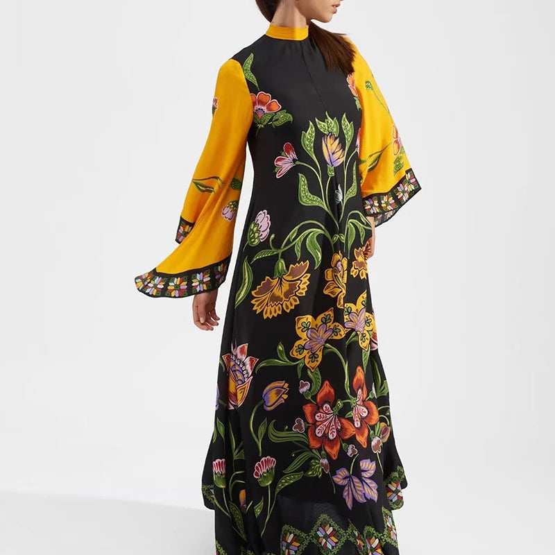Elegante Abito Lungo a Maniche Lunghe per Feste, Vestito Vintage con Stampa Floreale, Abito Bohémien da Donna con Collo Alto e Vita Alta