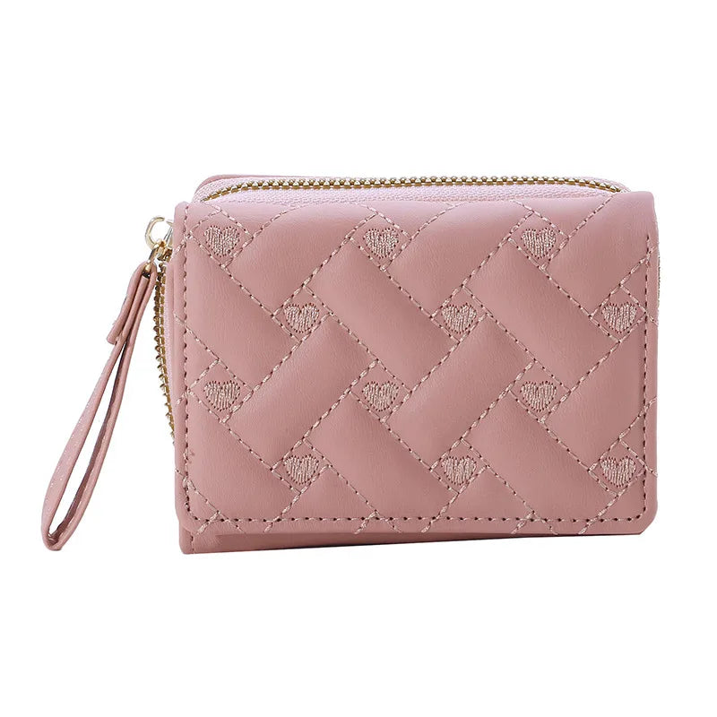 Portafoglio da donna per pelle PU moda ricamato amore tri-fold piccolo portafoglio porta carte portamonete multi-slot per carte interno rosa