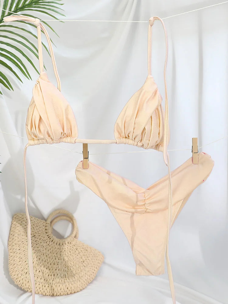 Costume da bagno bikini con pieghe sexy Micro bikini solido Costume da bagno donna Triangolo femminile Costume da bagno da spiaggia
