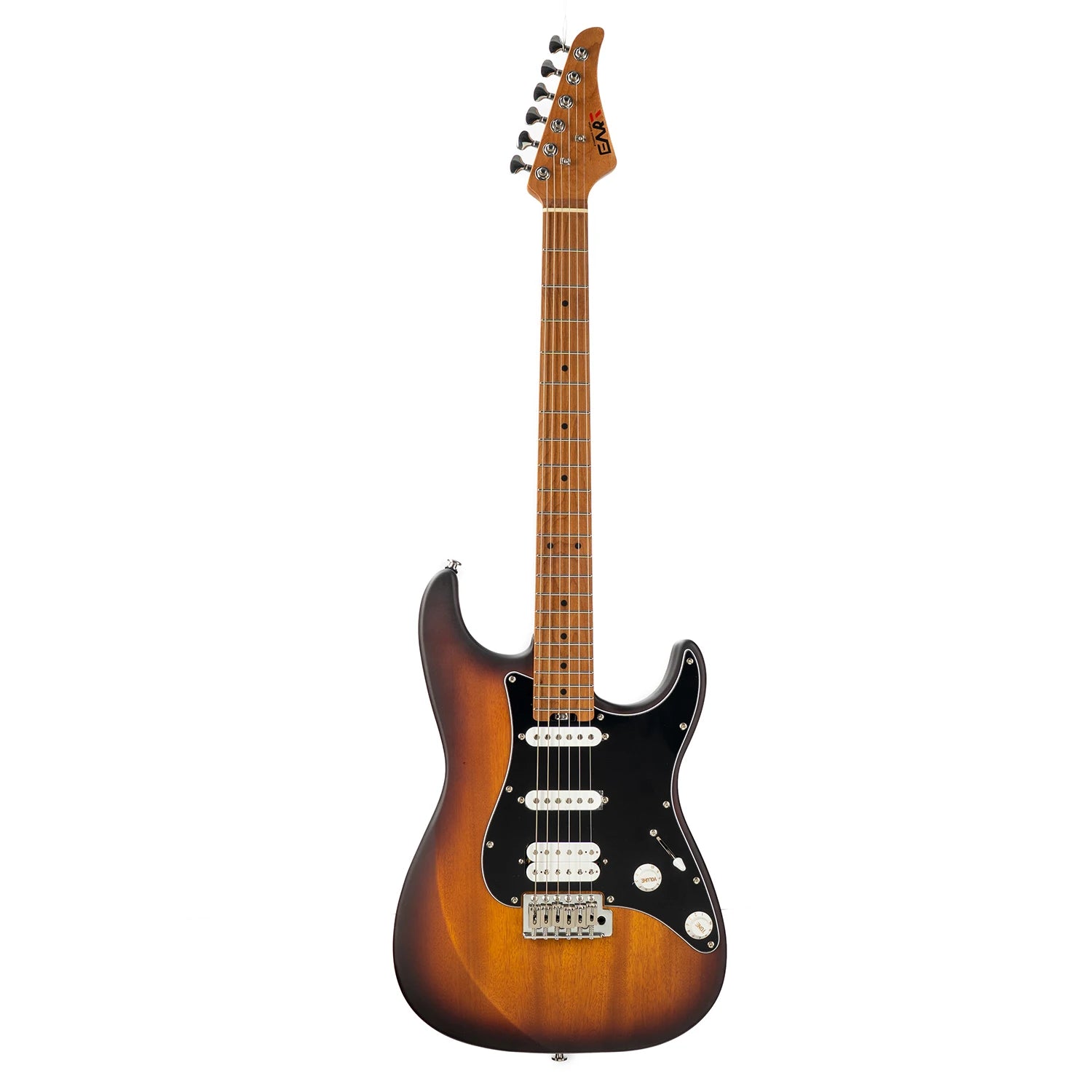 EART Guitar Nexus-S2, chitarra elettrica HSS in mogano arrosto/acero da 25,5".
