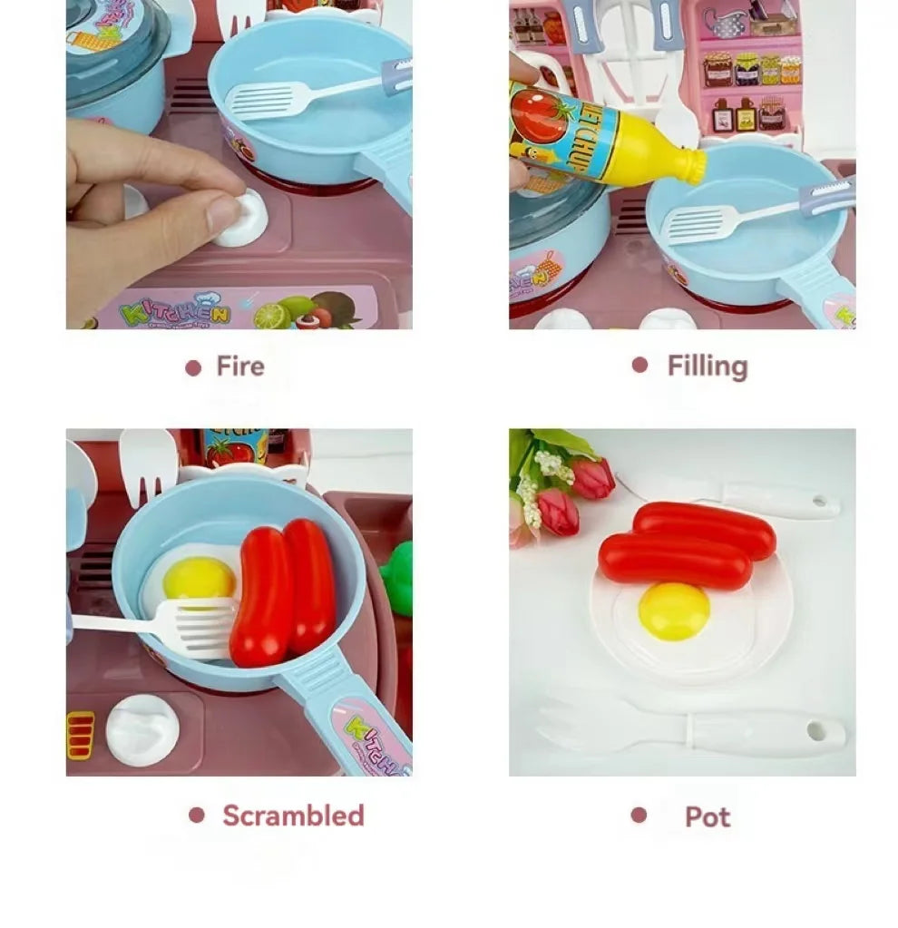 Fai finta di giocare con un set da cucina con suoni, luci, fornelli, lavello e giocare con il cibo - Mini cucina giocattolo