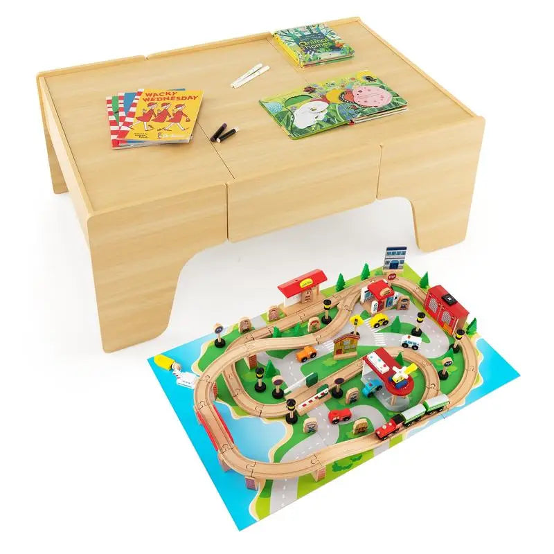 Set Trenino in Legno da 84 Pezzi con Tavolo Reversibile e Rimovibile