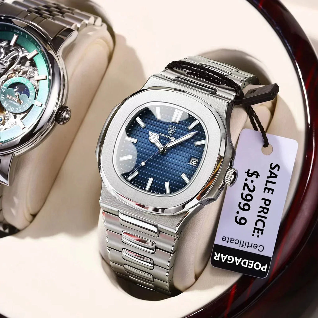 Watch for Men Stainless Steel Square Waterproof Quartz (Blue)-2