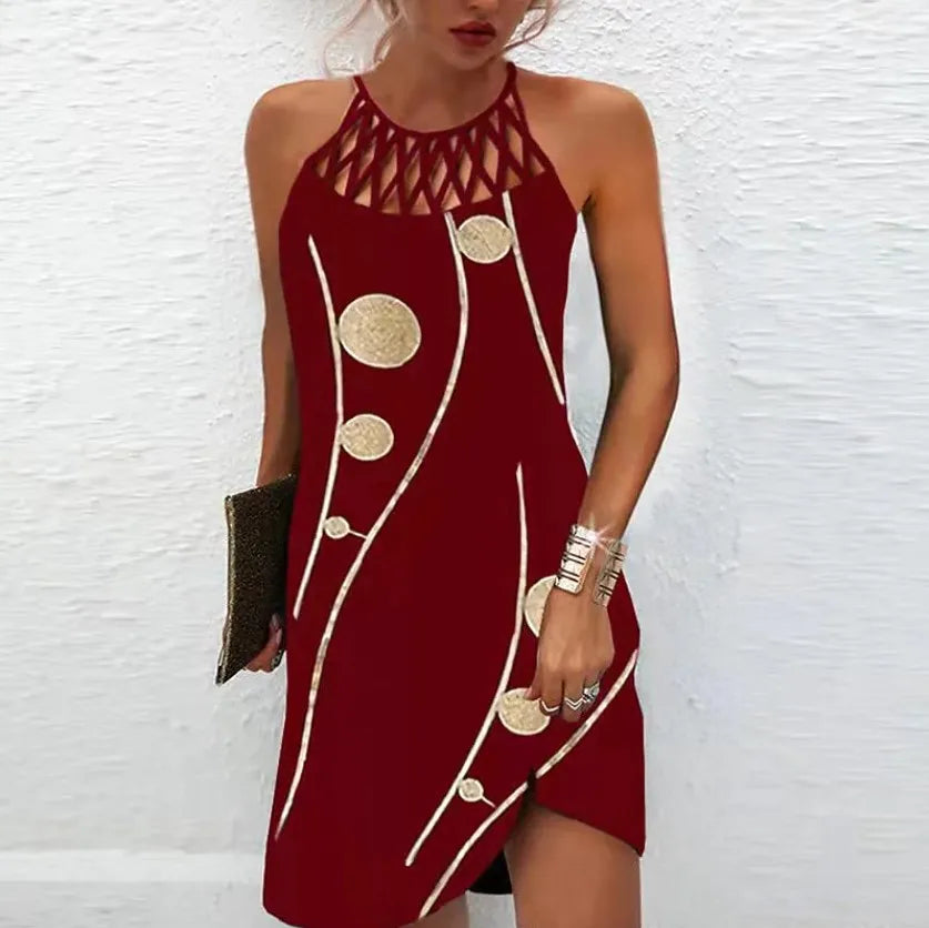 Abito Boho sexy per donna Mini abito da spiaggia Abito alla moda Donna Estate senza maniche Hollow Elegante abito da festa Stampa Vestido 2023