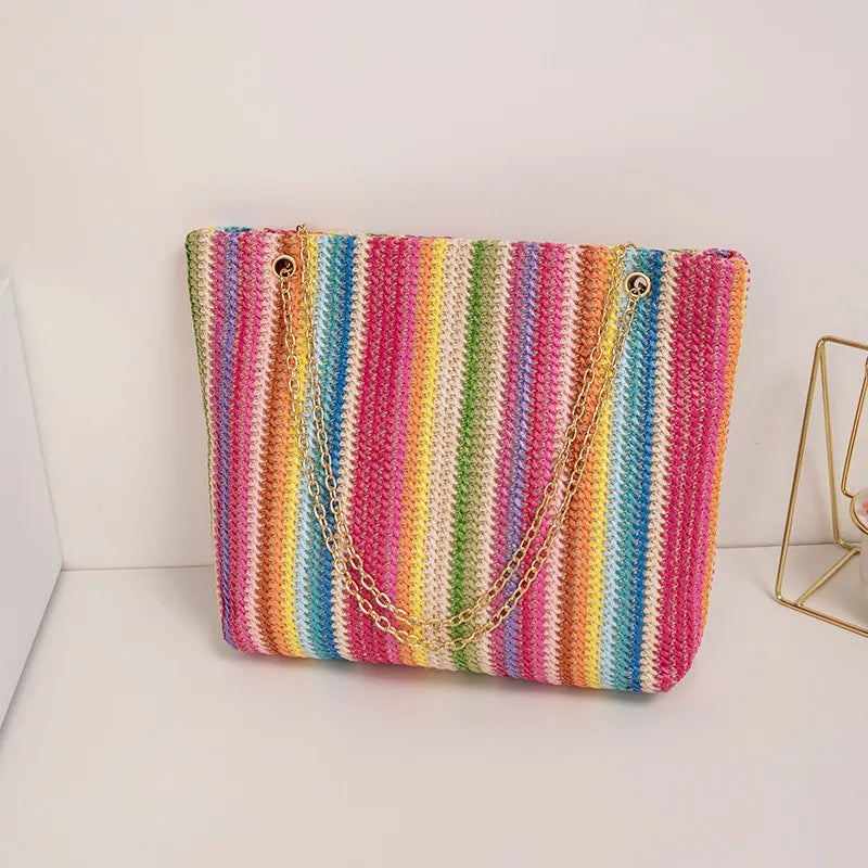 Borsa da donna in paglia intrecciata in rattan, grande borsa a tracolla da spiaggia estiva con catena, borsa a tracolla da donna con patta, design da viaggio