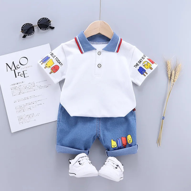Set di Abbigliamento per Neonato Maschio, T-shirt+Pantaloncini, Completo Estivo per Bambini, Outfit con Cartoni Animati, Set per Neonati e Bambini Piccoli