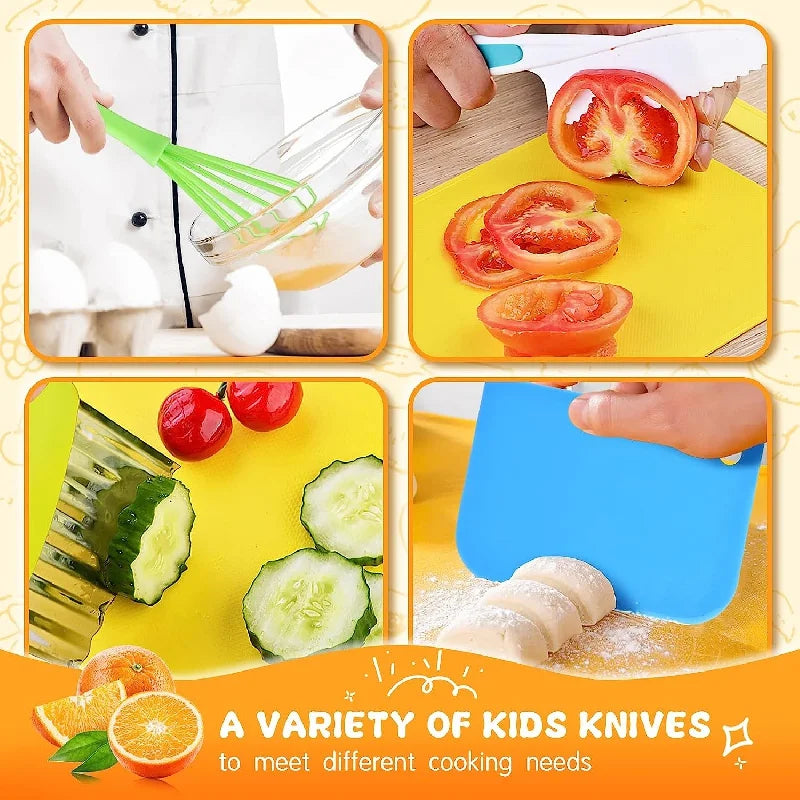 Set di Utensili da Cucina Montessori 11/17 Pezzi, Giocattoli per Cuocere, Coltelli Sicuri per Bambini con Tagliere, Accessori da Cucina Reali per Bambini