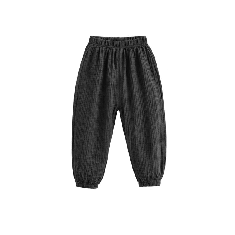 Pantaloni estivi per bambini coreani Pantaloni casual per ragazze Ragazzi in cotone e lino Tinta unita Pantaloni larghi a pieghe Pantaloni Harem a vita alta per ragazze