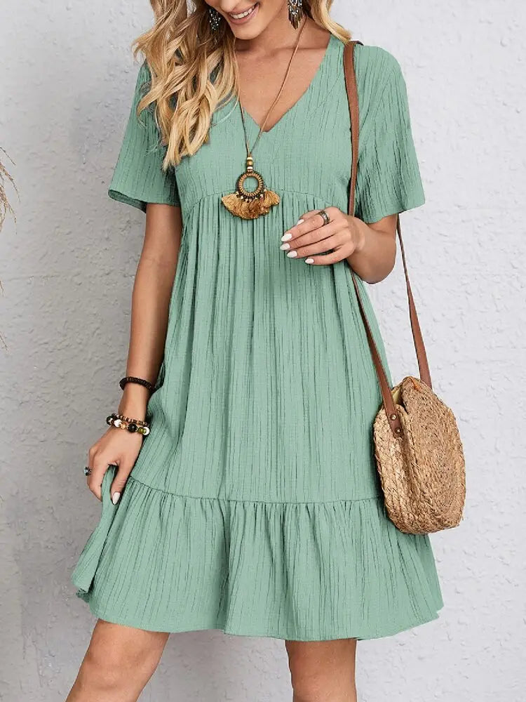 Elegante solido scollo A V A Line Dress 2024 nuova estate Ruffles allentato Mini abito Casual manica corta Beach Party Vestidos Streetwear