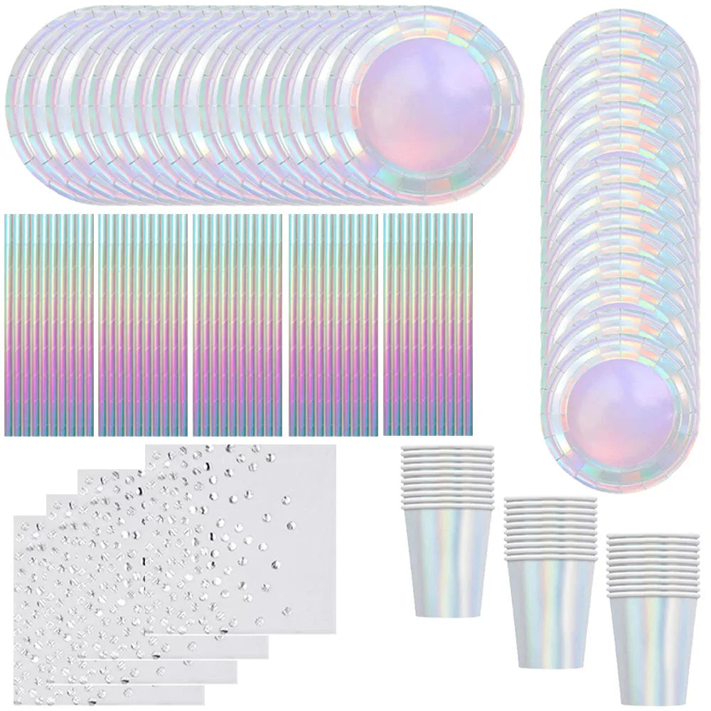Set di stoviglie usa e getta laser Bicchieri di carta per feste in argento Piatti di carta Stoviglie per feste in paglia Decorazioni per matrimoni Forniture per feste di compleanno