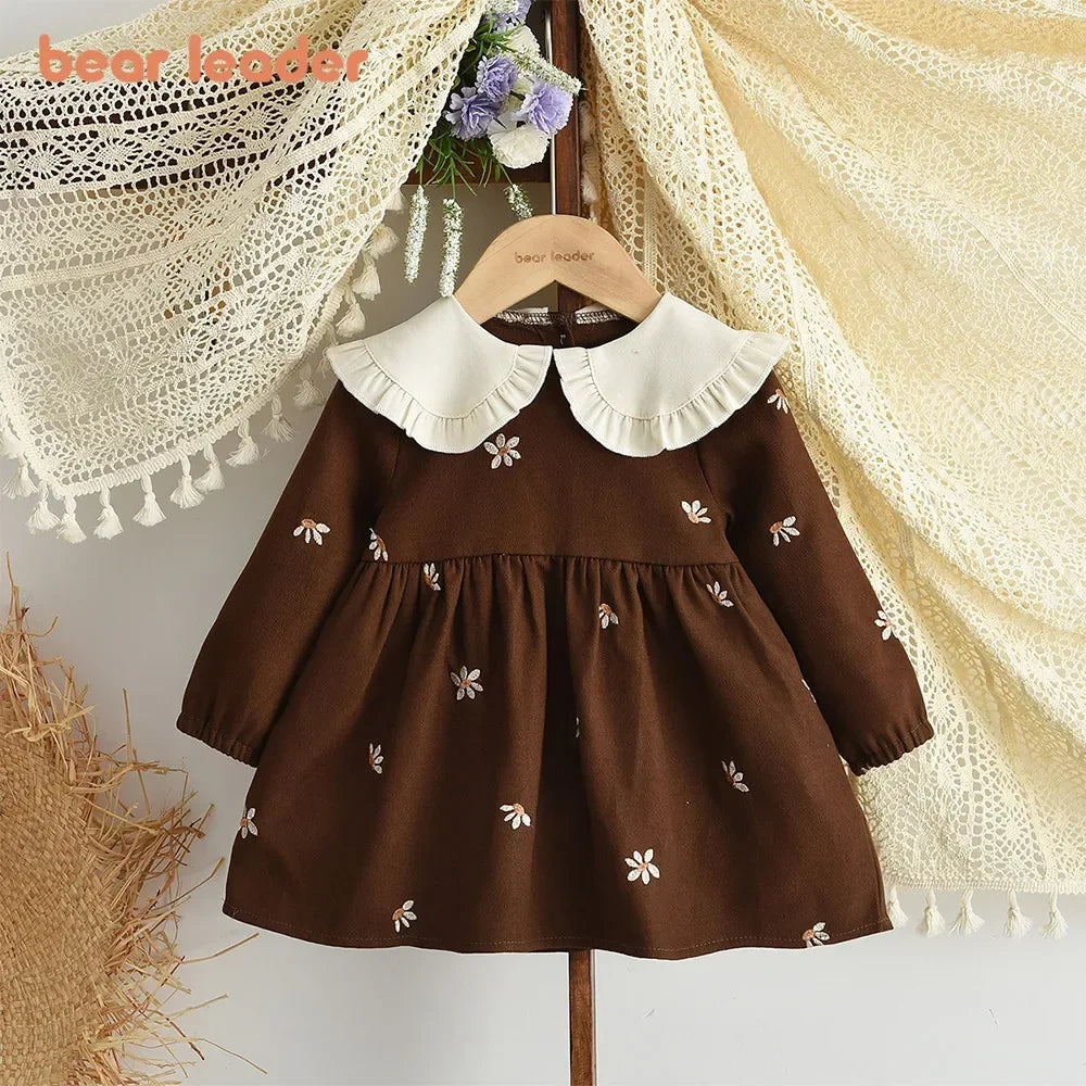 Bear Leader 2025 Nuovo simpatico abbigliamento per bambini 0-3 anni Abito per bambini Autunno Colletto a maniche lunghe Abiti per ragazze di fiori ricamati