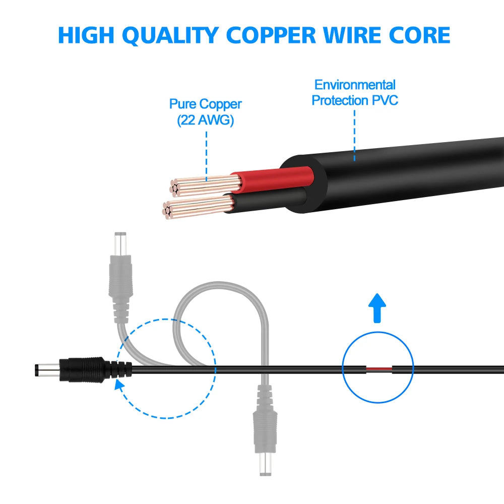 2M 6.56FT/ 5M 16.5FT / 10M 33FT DC Estensione 5.5x2.1mm Cavo di alimentazione Extender per telecamera di sicurezza CCTV Cavo di prolunga da 12 Volt