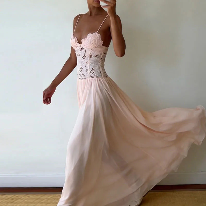 Abito Lungo Estivo Casual in Chiffon con Bretelle, Scollo a V Profondo, Senza Maniche, con Inserti in Pizzo, per Spiaggia e Feste, Primavera Estate