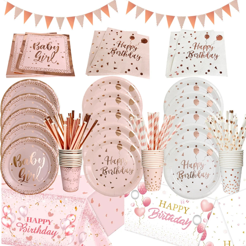 Set di stoviglie usa e getta per compleanno Rosa Oro rosa Piatti bianchi Tazze Tovaglioli Tovaglia Decorazione festa di compleanno per ragazza Baby Shower