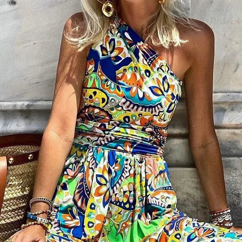 FD293 Abbigliamento Femminile 2022, Vestito Lungo Bohémien Stampato con Spalla Singola, Abiti Lunghi alla Moda per Donne