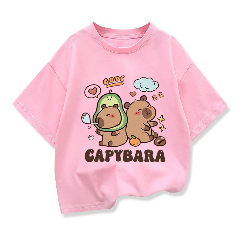 2025 Nuovi bambini Camicie Capibara Stampato Cartoon T Shirt per le ragazze Estate Stampa animale Ragazzo T Shirt Top Tees Abbigliamento per bambini