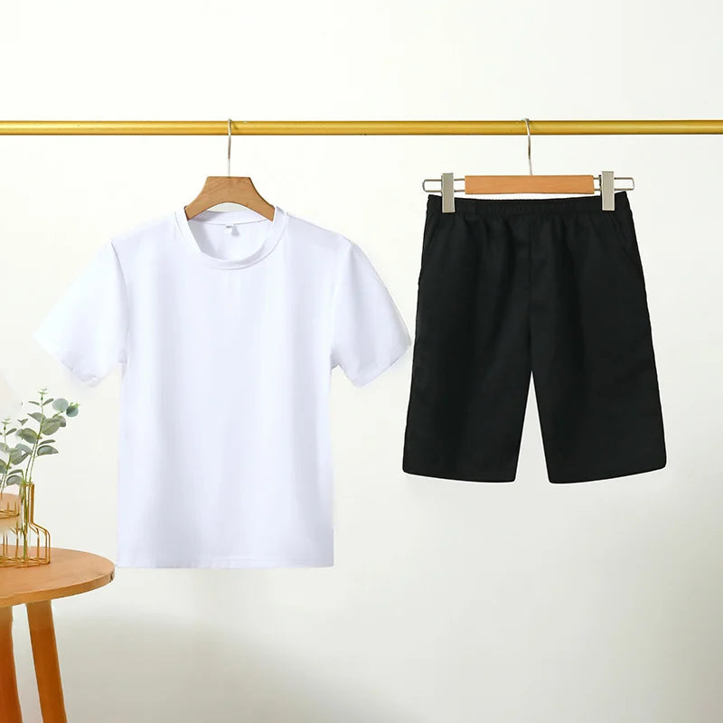 Set Estivo di Marca: T-shirt Bianca + Pantaloncini, Nuovo Abbigliamento per Bambini 3-12 Anni, Completo Sportivo Casual a Maniche Corte