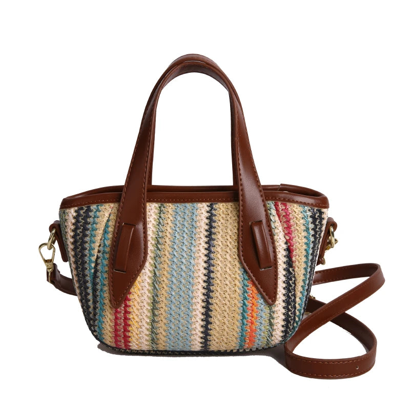 Borsa Mini Tote in Paglia a Righe Bohemien da Donna, Borsa a Tracolla Intrecciata Colorata con Manico Superiore per Viaggi Estivi in Spiaggia