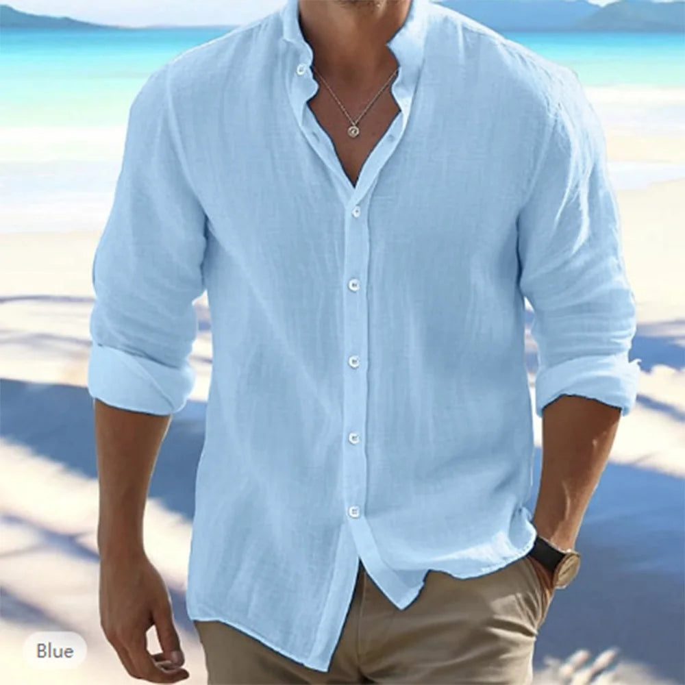 Camicie a maniche lunghe da uomo in lino di cotone vendita calda tinta unita estiva colletto rialzato stile spiaggia casual taglie forti