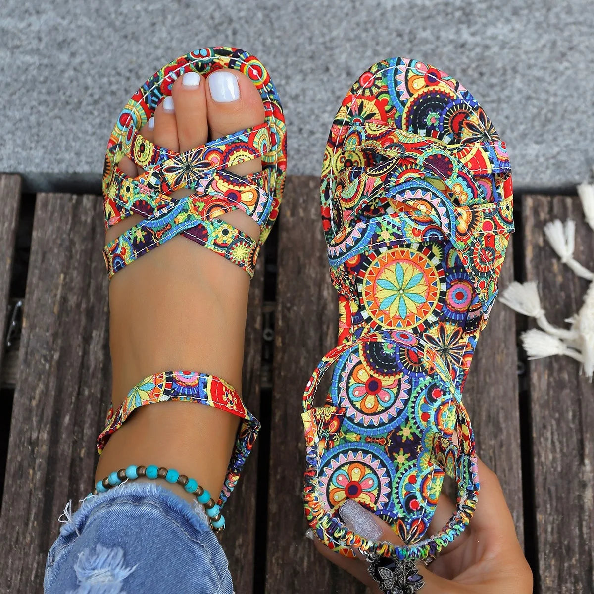 Ciabatte Etniche Traspiranti Stampate Stile Romano a Punta Aperta con Fondo Piatto, Scarpe Slip-On alla Moda per il Commercio Transfrontaliero