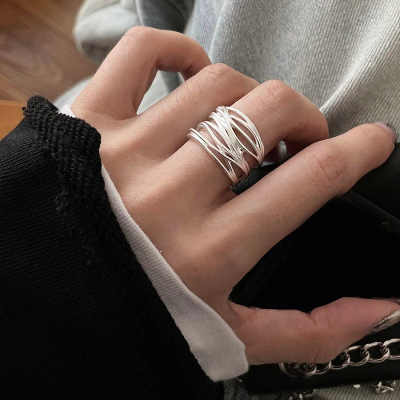 PANJBJ 925 anelli in pietra nera geometrica in argento sterling per le donne ragazza coreana semplice regolabile coppia gioielli Dropshipping