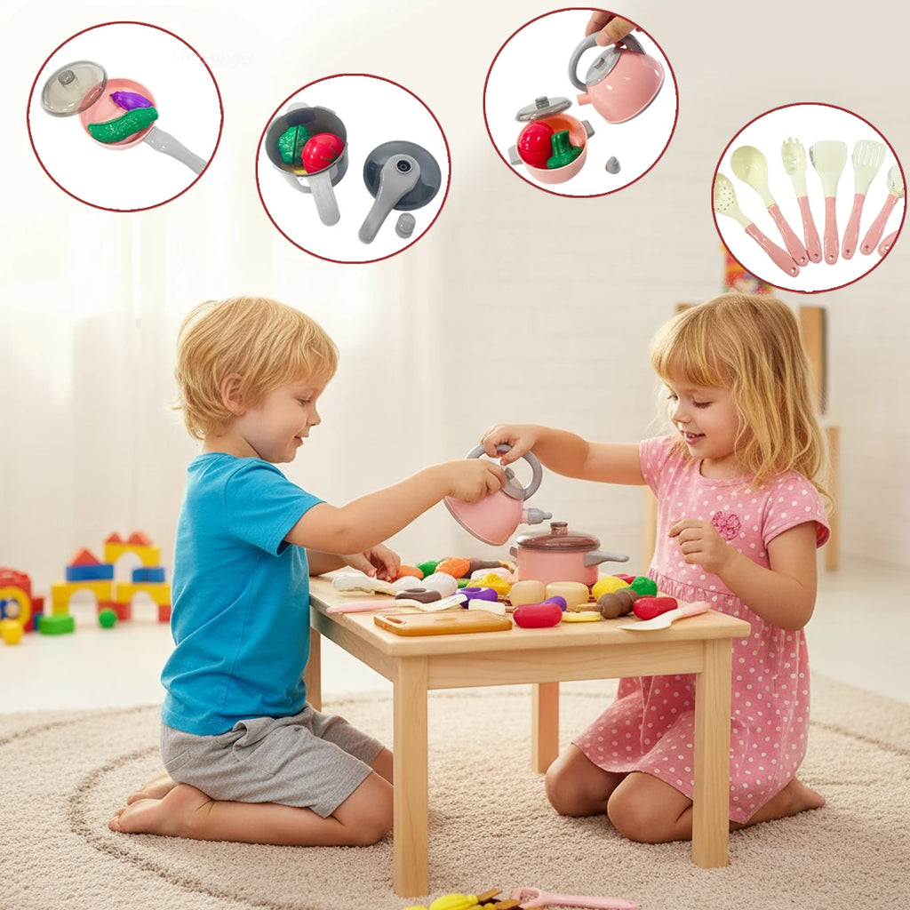 Set di giocattoli da cucina per bambini 92/69/59 pezzi Gioca al cibo con pentole Padelle e utensili Piccoli giocattoli da cucina per bambini Ragazze Ragazzi Regalo