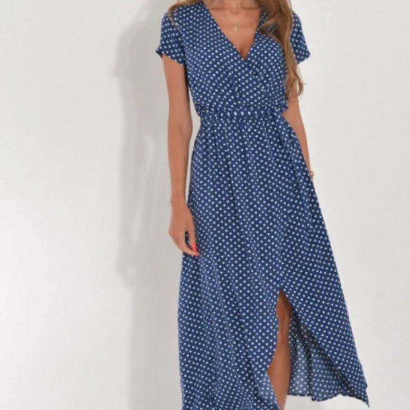 Abito Midi Stampato alla Moda con Spacco, Scollo a V, Maniche Corte, Vita Alta, Gonna a Trapezio, Stile Street, in Poliestere e Spandex, da Donna