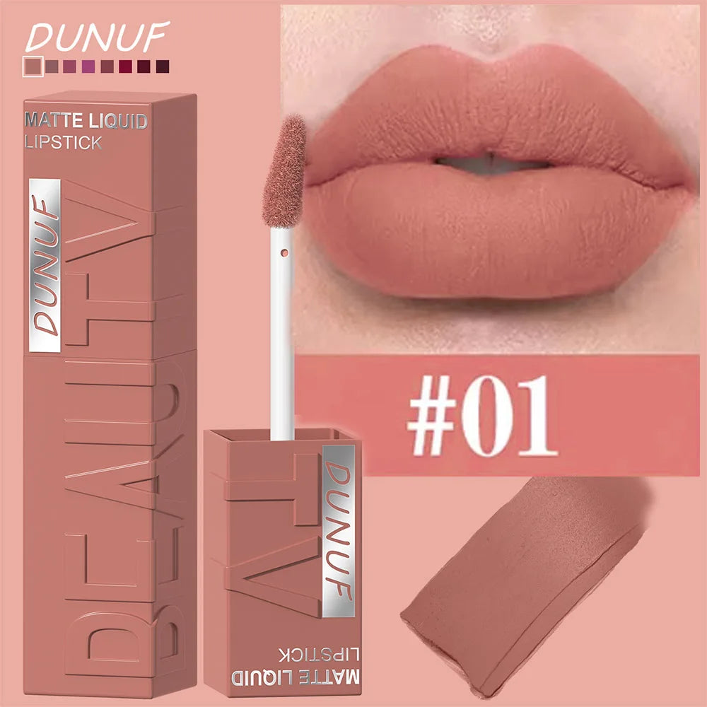 DUNUF 8 colori velluto opaco liscio facile da applicare lucidalabbra a tubo quadrato rossetto idraulico tridimensionale impermeabile