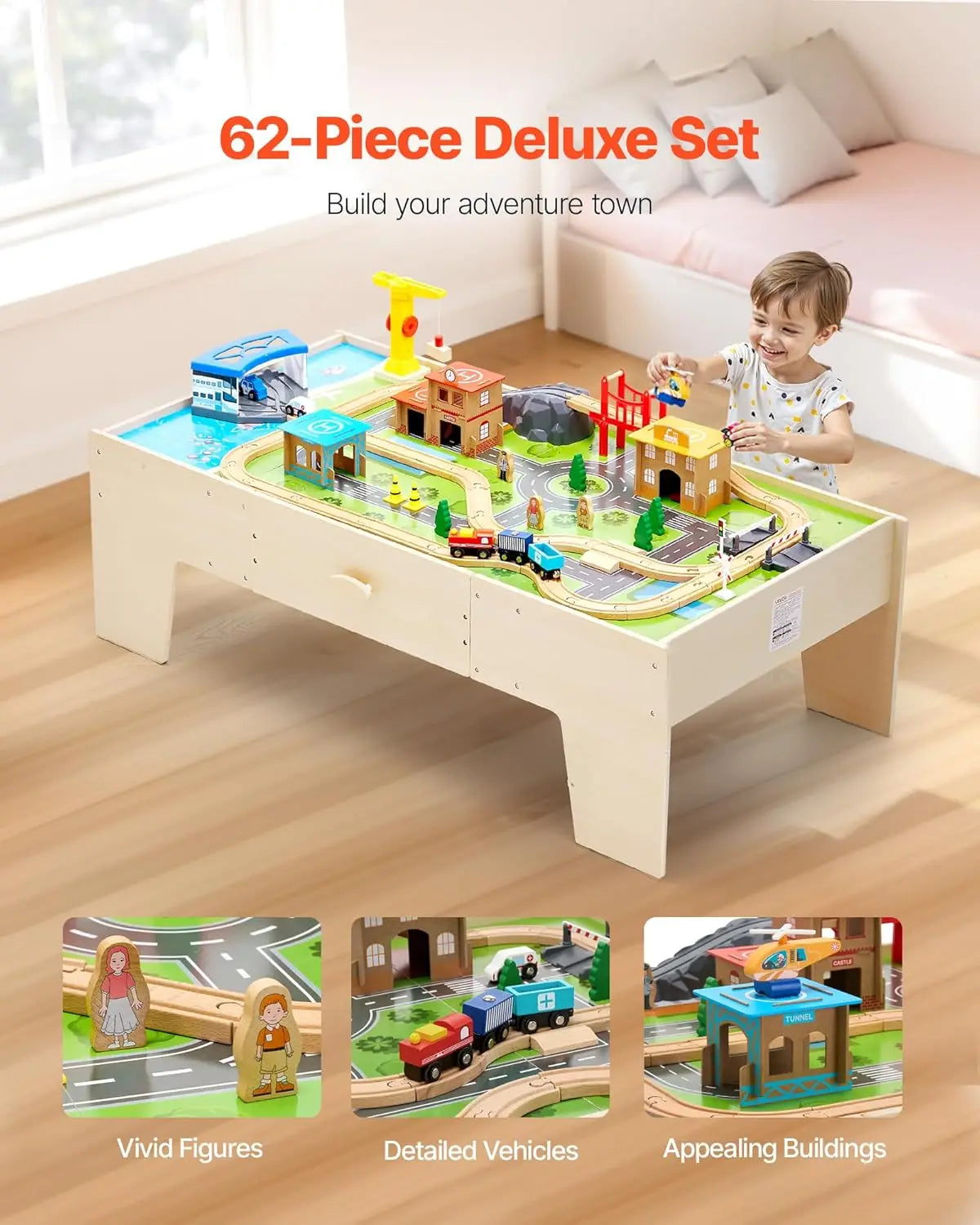 Tavolo da treno, tavolo da attività per bambini in legno da 62 pezzi multicolori con ampio cassetto portaoggetti, set di treni in legno 3 in 1 per giocare, Dra