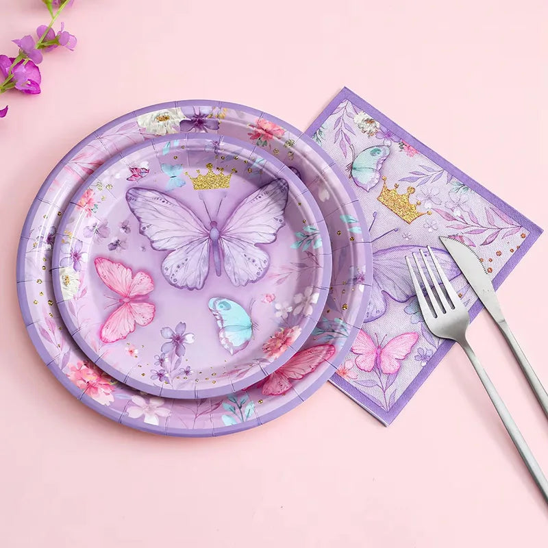 Decorazione per feste con farfalla viola, piatti di carta usa e getta, tovaglioli, tazze, set di stoviglie in paglia per la festa di compleanno con farfalla