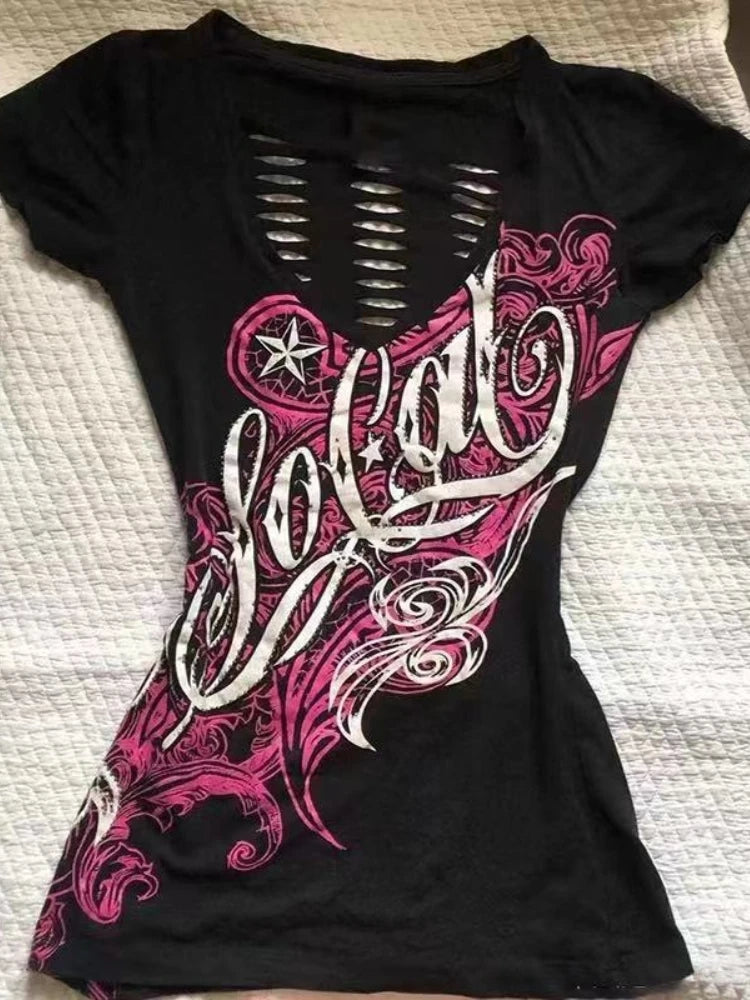 Estate giapponese retrò scava fuori design abbigliamento donna Y2k magliette punk slim manica corta T-shirt gotica Harajuku cerniera top nuovo