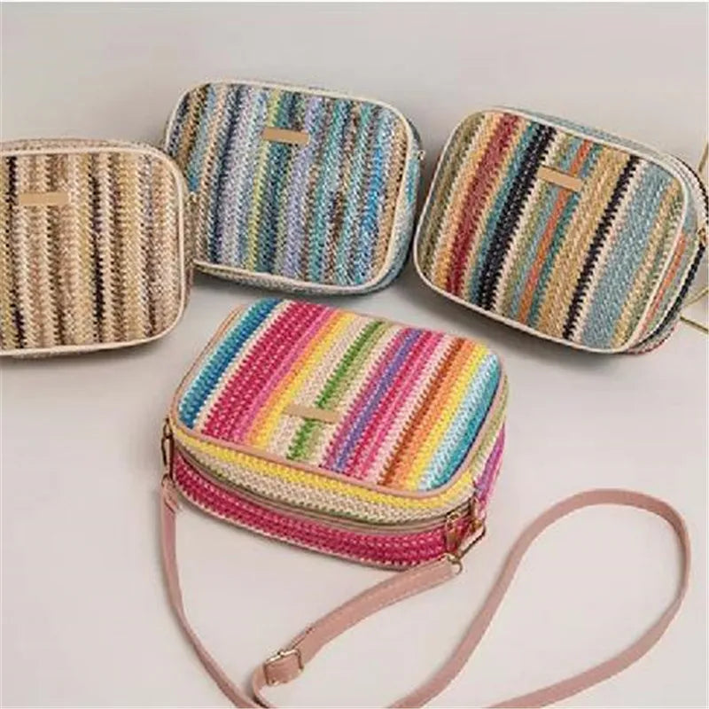 Borse da donna alla moda, tessitura alla moda e artistica, borse intrecciate in paglia multicolore, borse a tracolla in stile etnico, borse da donna