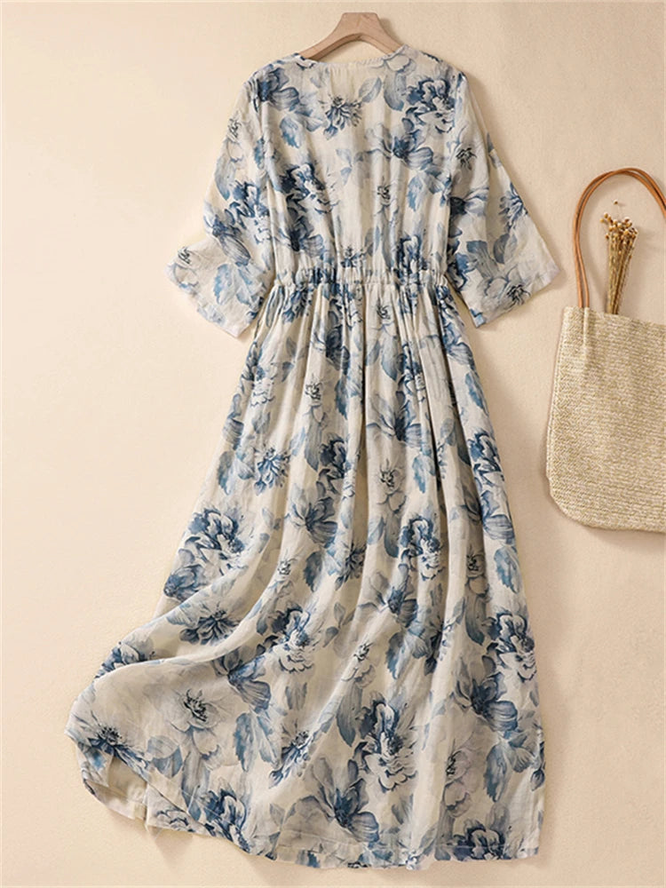 Abiti Lunghi Vintage a Maniche Corte con Stampa per Donna, Nuova Moda Estiva 2026, Vestito Casual Ampio, Abito Elegante Femminile