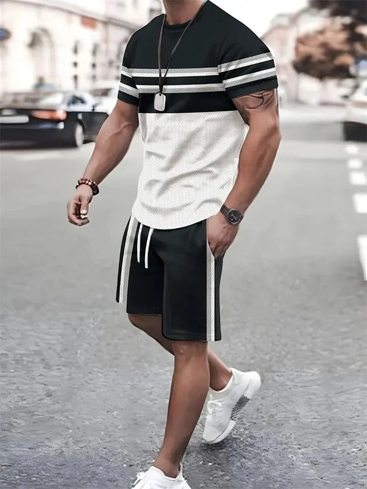 Set Estivo alla Moda per Uomo, T-shirt a Maniche Corte con Stampa 3D e Pantaloncini, Completo Sportivo Casual Due Pezzi