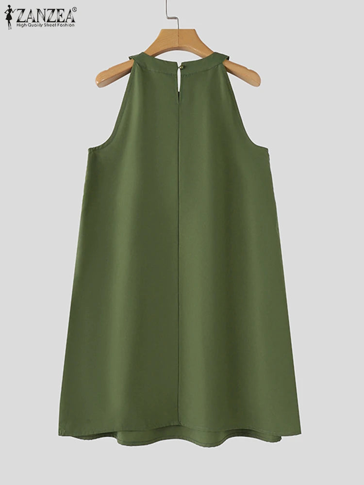 ZANZEA Abito estivo senza maniche a strati con scollo all'americana Donna Coreano con volant Patchwork Abito da spiaggia O-Collo Vestito estivo allentato Sweety Party Vestido