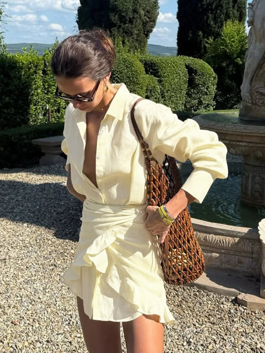 Abito chemisier casual da donna tinta unita con lacci, estivo, con risvolto, maniche lunghe, bottoni, mini abito plissettato, copricostume da spiaggia, outfit per vacanze 2026