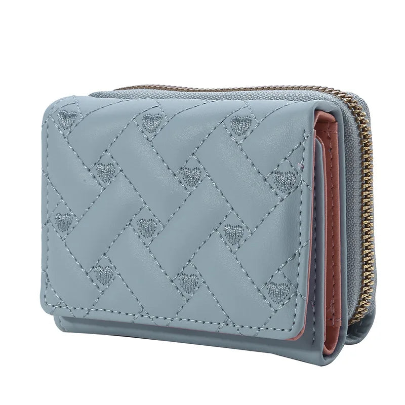 Portafoglio da donna per pelle PU moda ricamato amore tri-fold piccolo portafoglio porta carte portamonete multi-slot per carte interno rosa