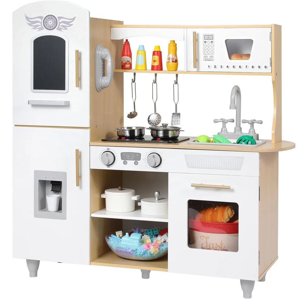 Set da cucina per bambini piccoli, set da gioco da cucina giocattolo in legno con veri luci e suoni, frigorifero a doppia porta, produttore di ghiaccio e pentole