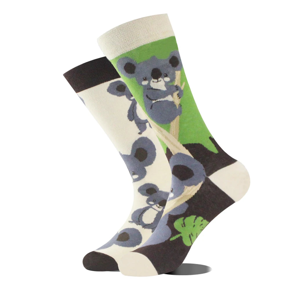 1 Pair Combed Cotton Socks Men Novelty AB Asymmetry Funny Skateboard Men's Mid Length Animal Print Socks Harajuku Happy Socks