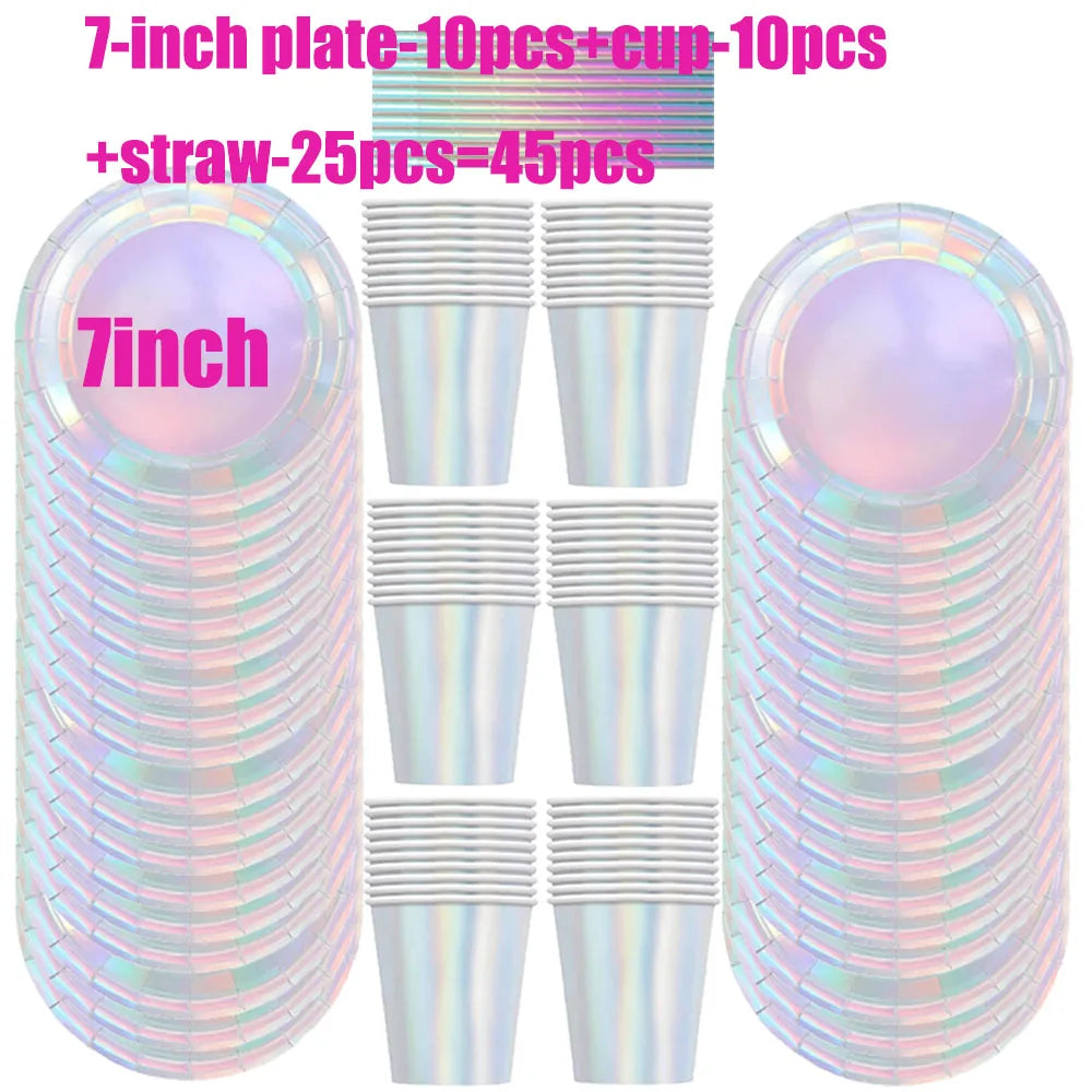 Set di stoviglie usa e getta laser Bicchieri di carta per feste in argento Piatti di carta Stoviglie per feste in paglia Decorazioni per matrimoni Forniture per feste di compleanno