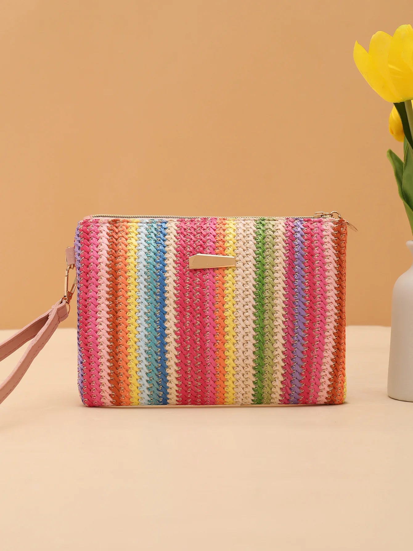 Borsa intrecciata di paglia colorata onda borsa da donna con pochette a scatto borsa da spiaggia estiva borsa intrecciata a mano borsa per cellulare portafoglio femminile