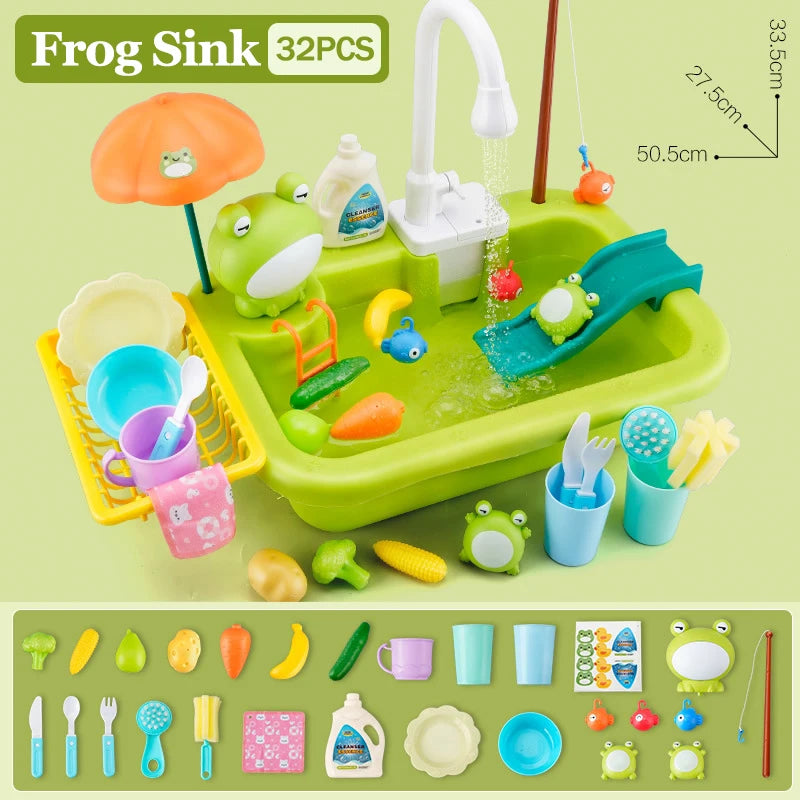 Giocattolo Lavello da Cucina per Bambini, Lavastoviglie Elettrica con Acqua Corrente, Gioco di Imitazione con Cibo e Pesca, Regalo per Bambine