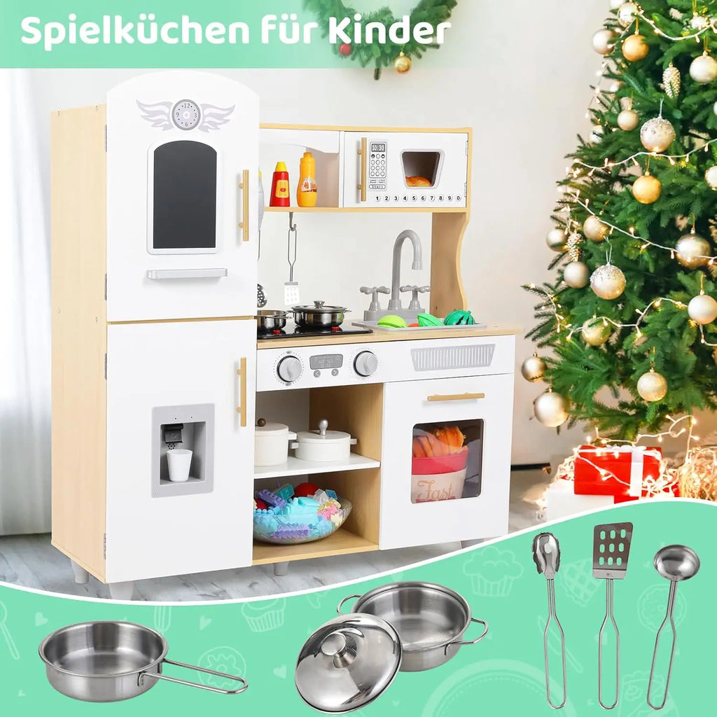 Set da cucina per bambini piccoli, set da gioco da cucina giocattolo in legno con veri luci e suoni, frigorifero a doppia porta, produttore di ghiaccio e pentole