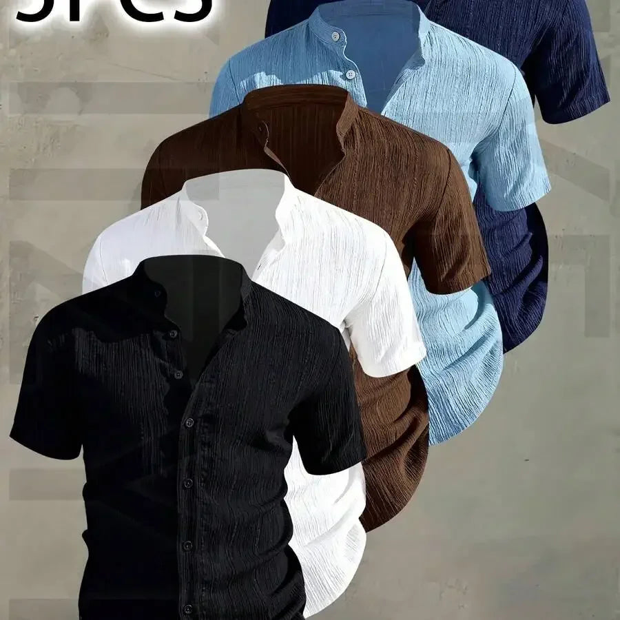 5 pezzi di camicie estive da uomo a maniche corte con bottoni, colletto rialzato, casual, leggere, traspiranti, in tinta unita